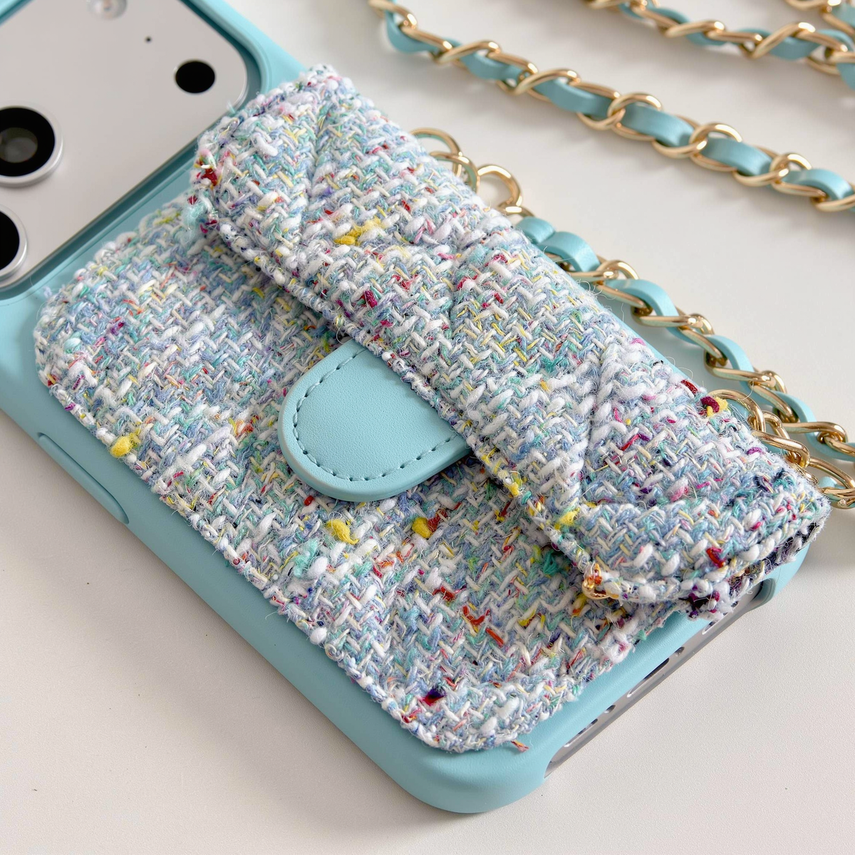 Tweed Chain Phone Case – Sky Blue