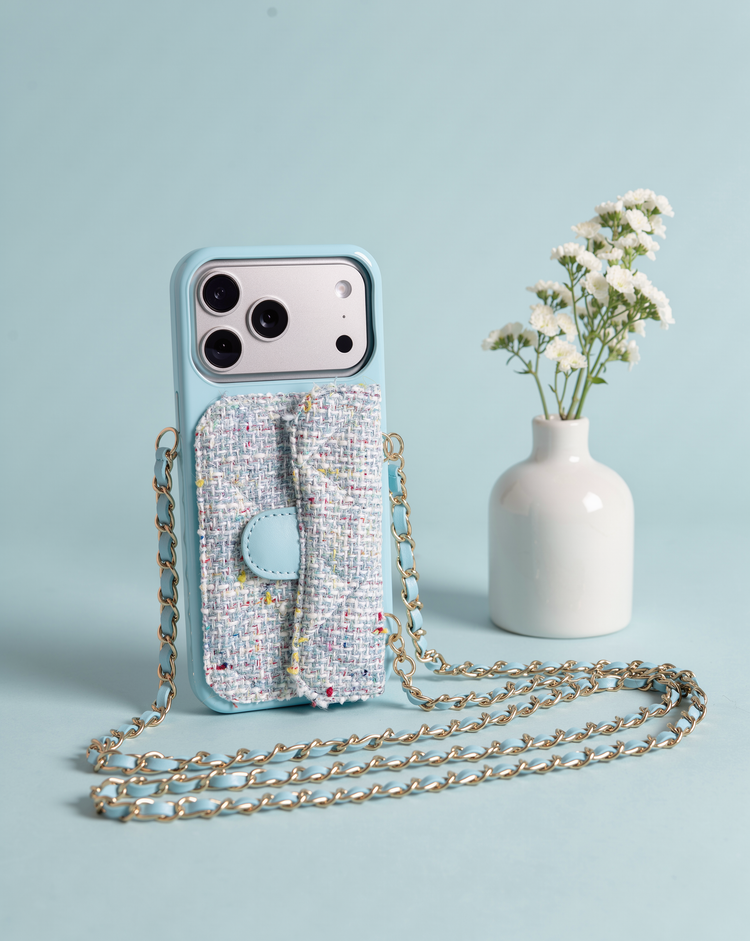 Tweed Chain Phone Case – Sky Blue