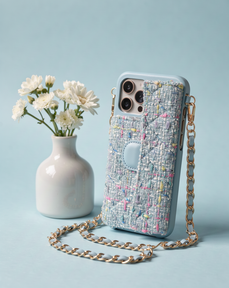 Sky blue tweed phone case with blue and gold chain